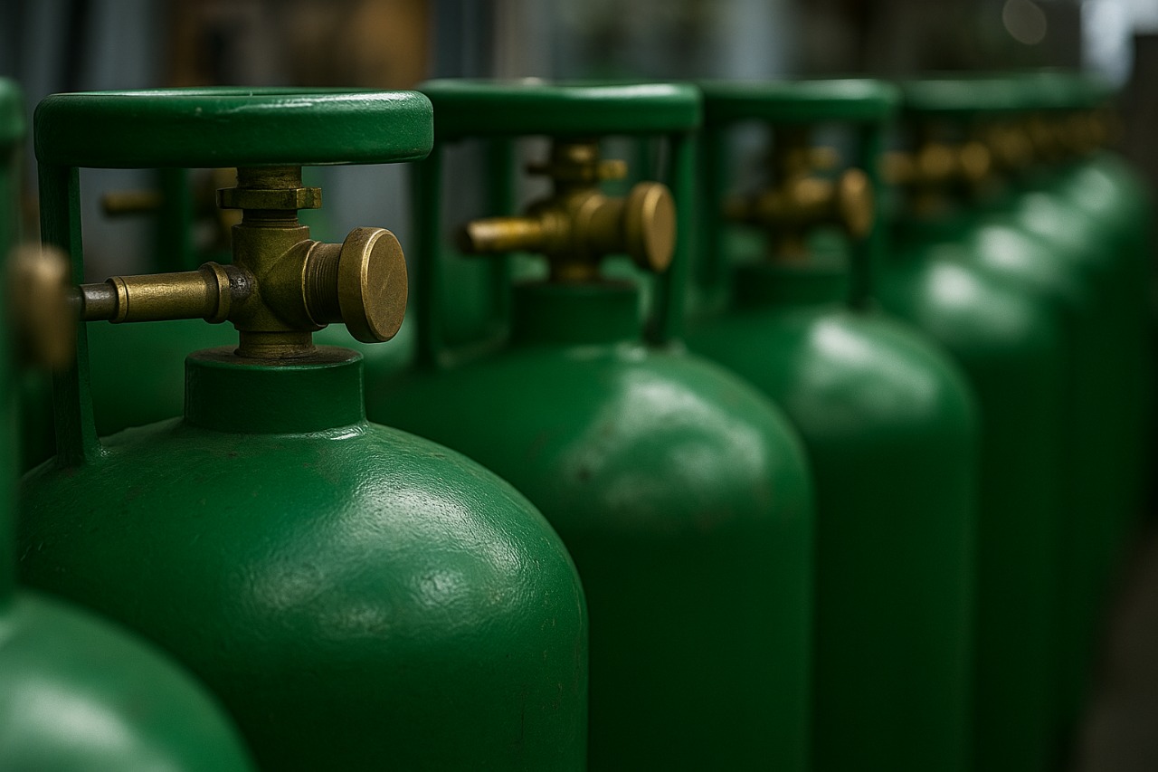 Industrial gas cylinders stacked in warehouse